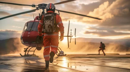 Tuinposter A paramedic runs up to the landing helicopter © sirisakboakaew