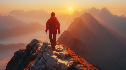 Fototapeta premium A lonely climber in a red jacket climbs a rocky mountain path. It is set against a stunning backdrop of a golden sunrise and misty mountain peaks.