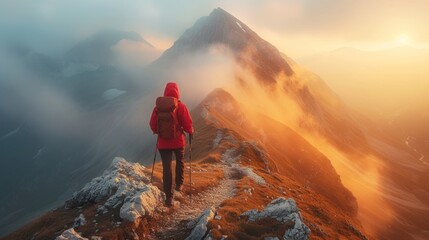 A lonely climber in a red jacket climbs a rocky mountain path. It is set against a stunning backdrop of a golden sunrise and misty mountain peaks.