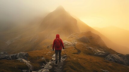 A lonely climber in a red jacket climbs a rocky mountain path. It is set against a stunning backdrop of a golden sunrise and misty mountain peaks.