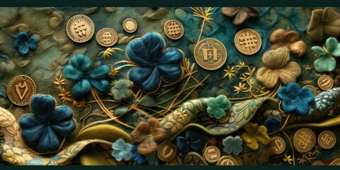 Fototapeta na wymiar Delicate wool blue shamrocks and glistening gold coins in needle felting.