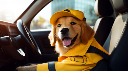 Close-up of a cute smiling dog in a yellow taxi driver uniform driving a car.