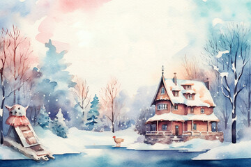 Winter watercolor card. Winter landscape.