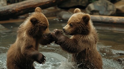 Obraz premium two brown bears playing with each other in a body of water with rocks and logs in the background and a log in the foreground.