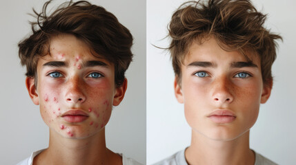 Pimples on the face of a teenager. Treatment of acne. - obrazy, fototapety, plakaty