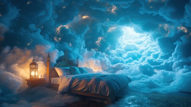 A charming bedroom with a luxurious bed has a mystical backdrop of swirling blue clouds and glowing lamps. Reminiscent of a dreamy atmosphere