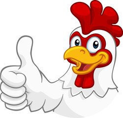 A chicken cartoon rooster cockerel character mascot giving a thumbs up. © Christos Georghiou