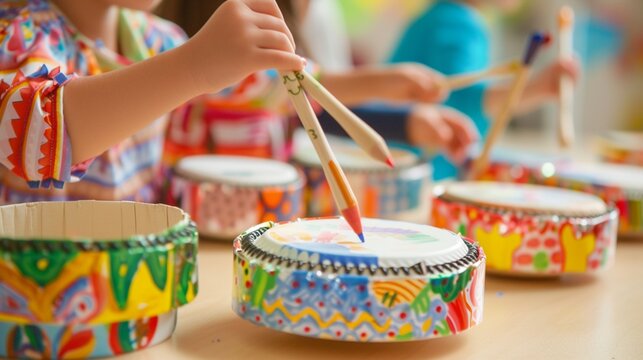 Kids craft their own DIY hand drums using simple materials like paper plates, cardboard, and colored markers.