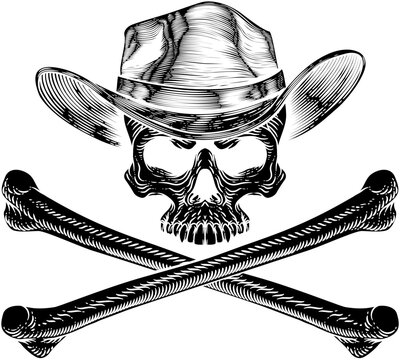 recommend clip art: A cowboy grim reaper skull wearing a country or western style hat with pirate cross bones