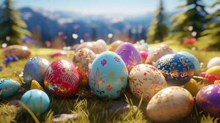 Easter eggs colorfully painted in the Easter nest - greeting card - Easter eggs colored by children - colorful easter eggs for greetings - Powered by Adobe