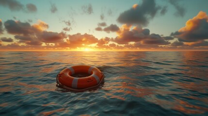Orange lifebuoy floating in the open sea It is a symbol of safety and hope under the wide sky. - obrazy, fototapety, plakaty