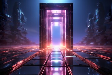 3d abstract neon background, square arch, pink blue glowing lines, futuristic gates construction,...