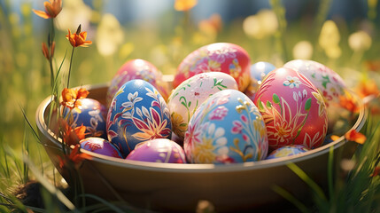 Fototapeta na wymiar Easter eggs colorfully painted in the Easter nest - greeting card - Easter eggs colored by children - colorful easter eggs for greetings