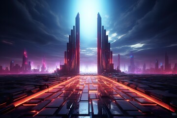 3d abstract neon background, square arch, pink blue glowing lines, futuristic gates construction, reflection - obrazy, fototapety, plakaty