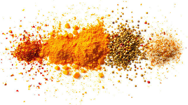 Minced curry pile, turmeric, fenugreek, mustard, coriander, paprika, pepper and cumin isolated on white, top view