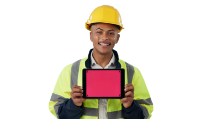 Engineer, man and showing tablet screen in portrait for mockup, space or promo isolated on a transparent png background. Happy, construction worker or technology for advertising with tracking markers