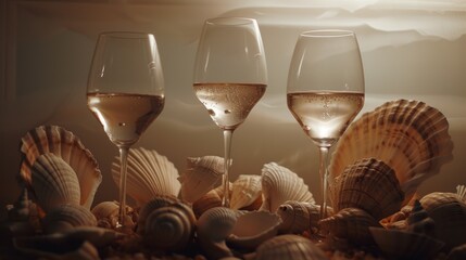  a couple of wine glasses sitting on top of a table next to a pile of seashells and seashells.