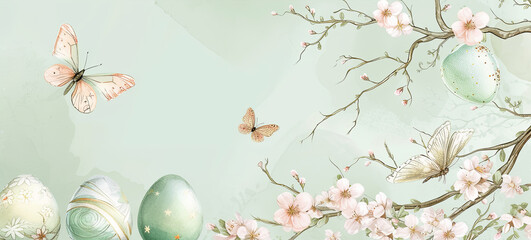 Bright Easter composition. Spring flowers, painted eggs on green background