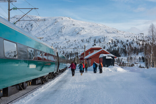 Tran on the famous Bergen - Oslo line is standing on the first track at Mjolfjell train station in the middle of the route. Snow and winter capped mountains around, also the next track is in snow.