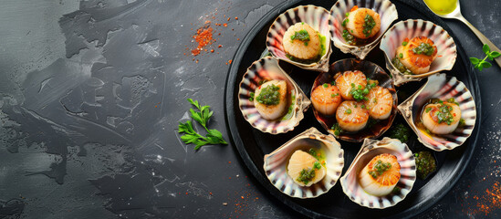 Set of Seafood dishes with lobster and shrimp on dark background. Top view, copy space, banner