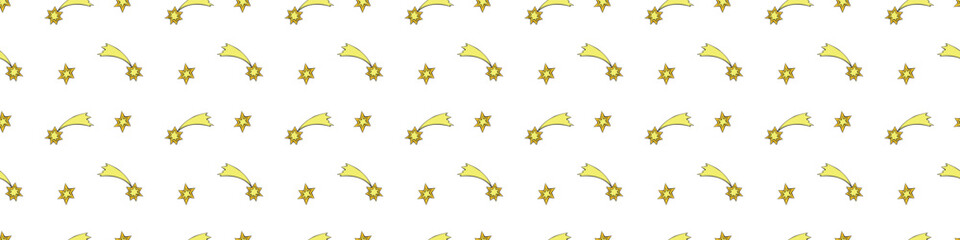 Seamless pattern of yellow stars, comets in doodle flat style. Simple color background and texture on theme of night sky, space, astronomy, kids design