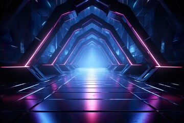 3d render, abstract geometric neon background, pink blue vivid light, ultraviolet hexagonal hole in the wall