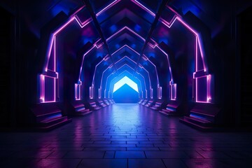 3d render, abstract geometric neon background, pink blue vivid light, ultraviolet hexagonal hole in the wall