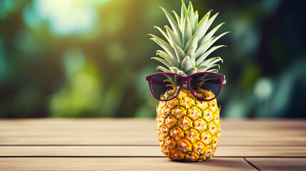 Pineapple with sunglasses on the table.