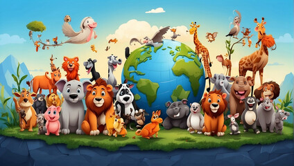 Obraz na płótnie Canvas A_cartoon_of_animals_in_a_world