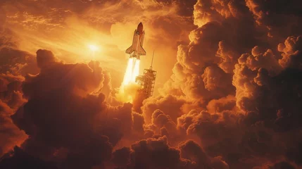 Foto op Canvas Close-up view of the space shuttle launching at sunset. with a flaming engine igniting and smoke billowing in the breathtaking sky. © sirisakboakaew