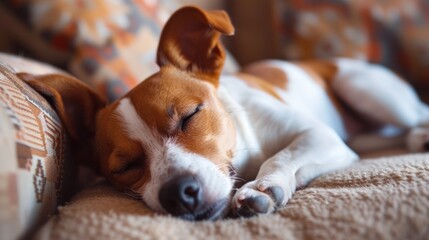 Cute dog sleeping on the sofa at home. Jack Russell Terrier
