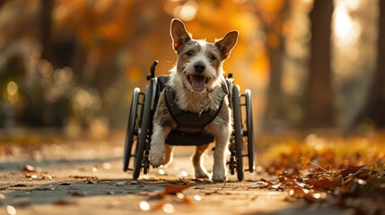 disabled dog in a wheelchair walks in the park and enjoys mobility - obrazy, fototapety, plakaty
