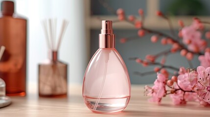  a bottle of perfume sitting on top of a table next to a vase filled with pink flowers and reeds.