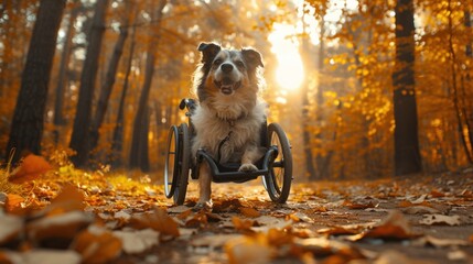 disabled dog in a wheelchair walks in the park and enjoys mobility - obrazy, fototapety, plakaty