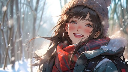 冬の森と笑顔の女性_2