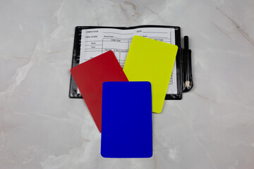 Set of referee cards of three different colors