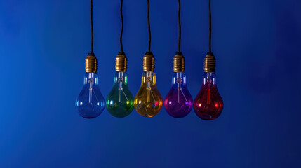  a group of multicolored light bulbs hanging from a line on a blue background with a black cord in front of them.