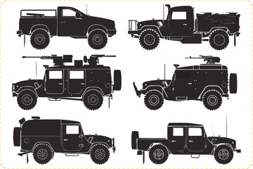Set of Military vehicle silhouettes, Silhouette of Military vehicle isolated on a white background