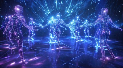 A holographic display of backup dancers moving in perfect synchronization with the music adding to the virtual concerts visual spectacle. - obrazy, fototapety, plakaty