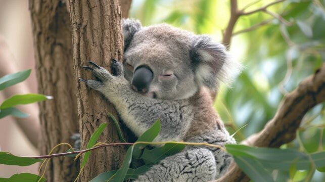  a koala is sitting in a tree with its head on a branch and it's eyes wide open.