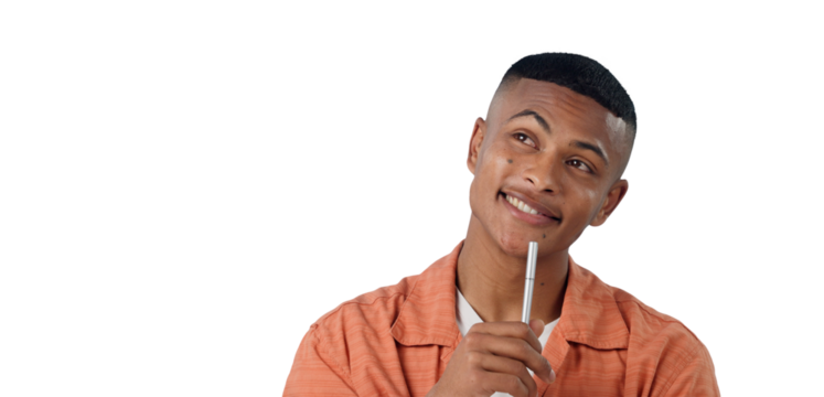 Student, thinking and man with idea, studying with pen and problem solving on transparent or png background. College, questions and isolated person remember knowledge, information and planning - Powered by Adobe