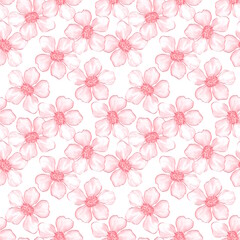 Delicate floral background. Seamless pattern of pink simple flowers.