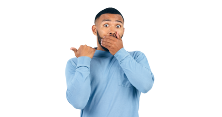 Gossip, surprise and portrait of man with wow and omg facial expression for media drama or fake news. Information, shock and face of model for what, wtf and isolated on a transparent png background