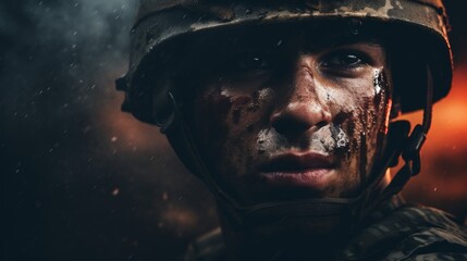 Close-up of Determined Soldier's Face with Dirt and Rain - Gritty War Theme