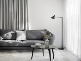 Elegant living room interior with a sofa, a lamp and a table close to a window for natural light