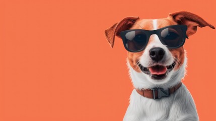 dog with sunglass and pink background copy space - obrazy, fototapety, plakaty