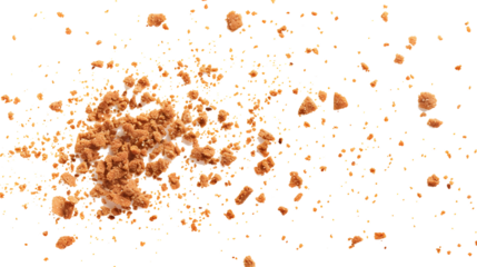 Pile cake crumbs, cookie pieces flying isolated on white, clipping path