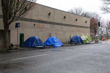 Homeless people's tents in Downtown Portland, Oregon