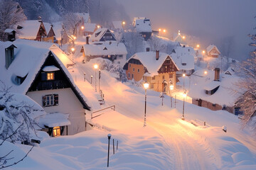 Snowy Village with Snow-Covered Roofs and Streets. Houses and Street Lamps Shining in the Snow Create a Warm and Lively Winter Atmosphere.