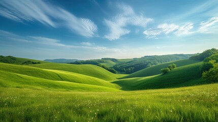 Fototapeta premium Idyllic Rolling Green Hills Under a Clear Blue Sky with Wispy Clouds.